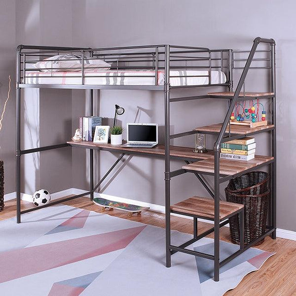 Rowley CM-BK657 Sand Black/Natural Industrial Twin Bed/Workstation By Furniture Of America - sofafair.com