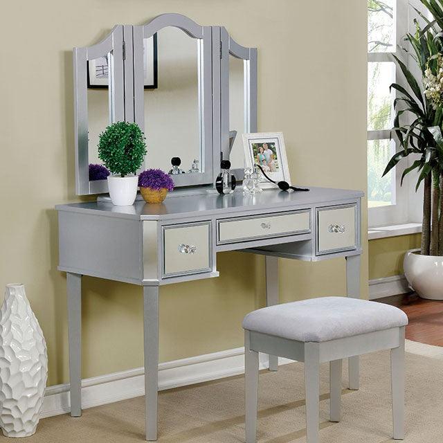 Clarisse CM-DK6148SV Silver Contemporary Vanity w/ Stool By Furniture Of America - sofafair.com