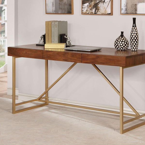Halstein CM-DK6447 Light Walnut/Gold Contemporary Desk By Furniture Of America - sofafair.com