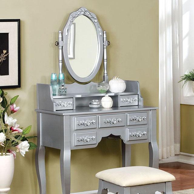 Harriet CM-DK6845SV Silver Traditional Vanity W/ Stool By Furniture Of America - sofafair.com