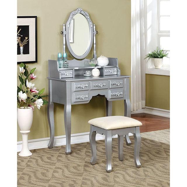 Harriet CM-DK6845SV Silver Traditional Vanity W/ Stool By Furniture Of America - sofafair.com
