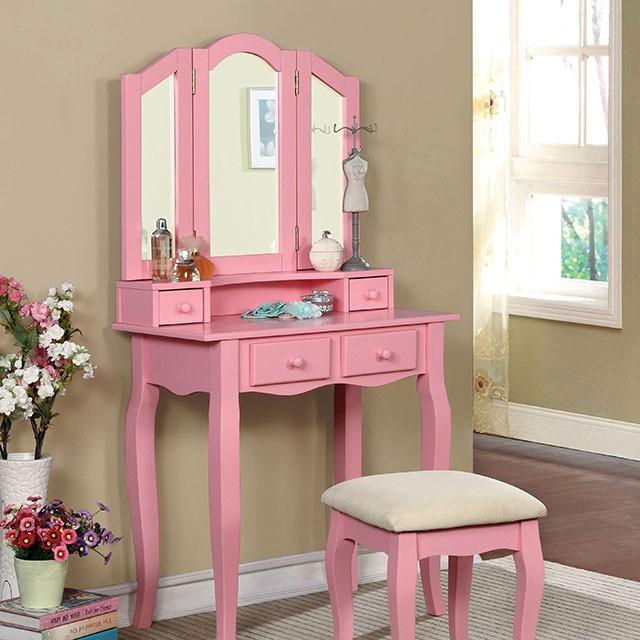 Janelle CM-DK6846PK Pink Transitional VANITY W/ STOOL, Pink By Furniture Of America - sofafair.com