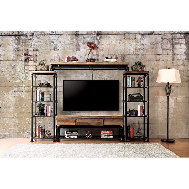 Kebbyll CM5913-TV Antique Black/Natural Tone Industrial 60" TV Stand By Furniture Of America - sofafair.com