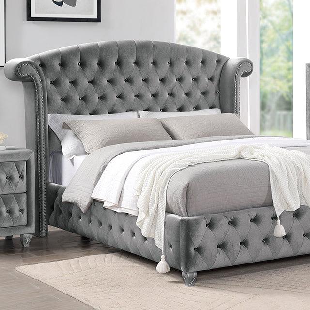 Zohar CM7130GY Gray/Silver Glam Bed By Furniture Of America - sofafair.com