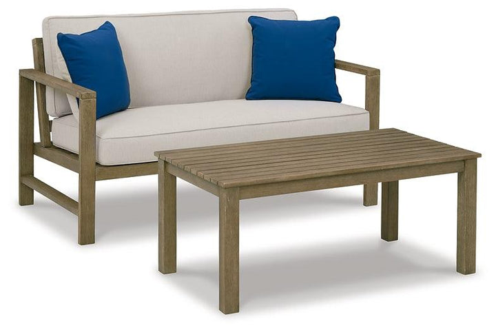 Fynnegan Outdoor Loveseat with Table (Set of 2) P349-035 Blue Casual Outdoor Loveseat/Table By Ashley - sofafair.com