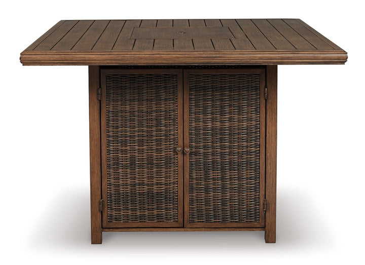 Paradise Trail Bar Table with Fire Pit P750-665 Brown/Beige Contemporary Outdoor Pub Table w/FP By Ashley - sofafair.com