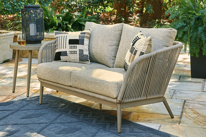 P390-835 Brown/Beige Casual Swiss Valley Outdoor Loveseat with Cushion By Ashley - sofafair.com