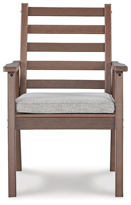 Emmeline Outdoor Dining Arm Chair with Cushion (Set of 2) P420-601A Brown/Beige Casual Outdoor Dining Chair By Ashley - sofafair.com