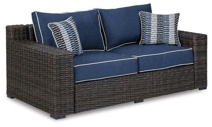Grasson Lane Loveseat with Cushion P783-835 Blue Contemporary Outdoor Chat Sets By Ashley - sofafair.com