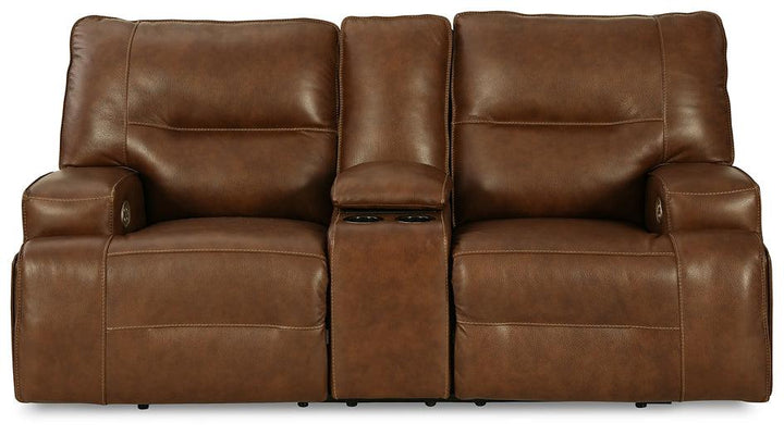Francesca Power Reclining Loveseat with Console U2570518 Brown/Beige Contemporary Motion Upholstery By Ashley - sofafair.com