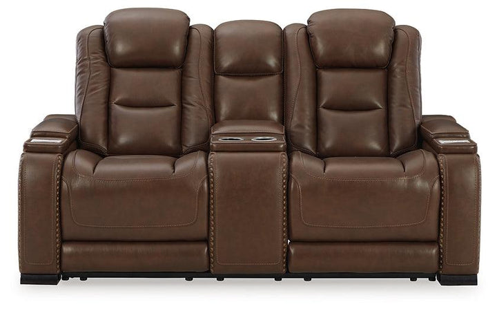 The Man-Den Power Reclining Loveseat with Console U8530618 Brown/Beige Contemporary Motion Upholstery By Ashley - sofafair.com