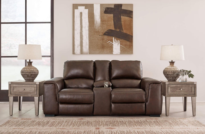 Alessandro Power Reclining Loveseat with Console U2550218 Brown/Beige Contemporary Motion Upholstery By Ashley - sofafair.com