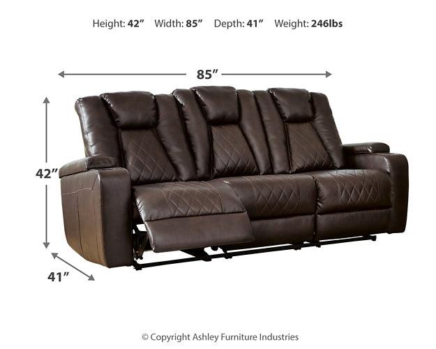 Mancin Reclining Sofa with Drop Down Table 2970389 Brown/Beige Contemporary Motion Upholstery By Ashley - sofafair.com