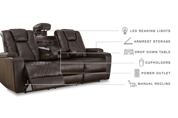 Mancin Reclining Sofa with Drop Down Table 2970389 Brown/Beige Contemporary Motion Upholstery By Ashley - sofafair.com