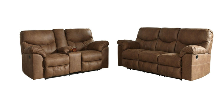 Boxberg Reclining Sofa and Loveseat 33802U1 Brown/Beige Contemporary Motion Upholstery Package By Ashley - sofafair.com