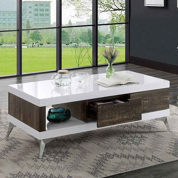 Corinne FOA4535C White/Distressed Dark Oak Contemporary Coffee Table By Furniture Of America - sofafair.com