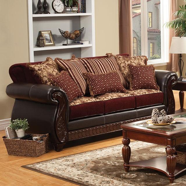 Franklin SM6107N-SF Burgundy/Espresso Traditional Sofa By Furniture Of America - sofafair.com