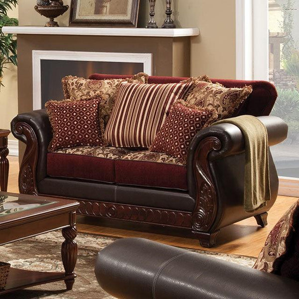 Franklin SM6107N-LV Burgundy/Espresso Traditional Love Seat By Furniture Of America - sofafair.com