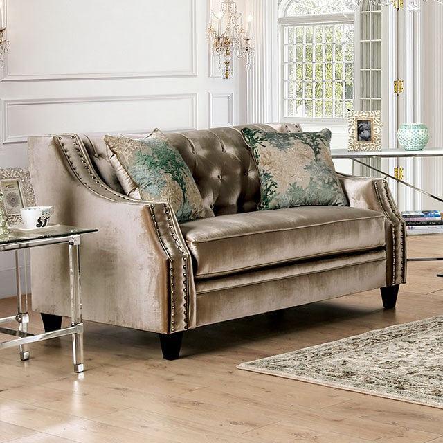 Elicia SM2685-LV Champagne/Turquoise Transitional Love Seat By Furniture Of America - sofafair.com