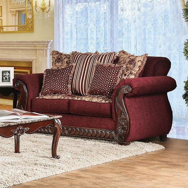 Tabitha SM6110-LV Wine/Gold Traditional Love Seat By Furniture Of America - sofafair.com