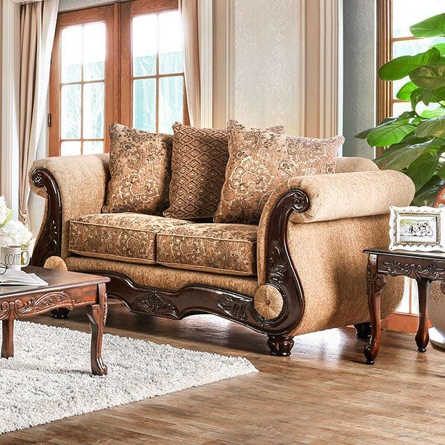 Nicanor SM6407-LV Tan/Gold Traditional Love Seat By Furniture Of America - sofafair.com