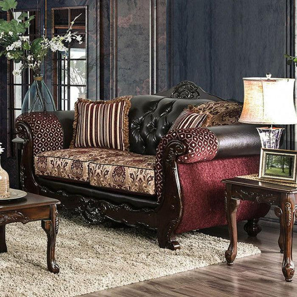 Quirino SM6415-LV Burgundy/Dark Brown Traditional Love Seat By furniture of america - sofafair.com