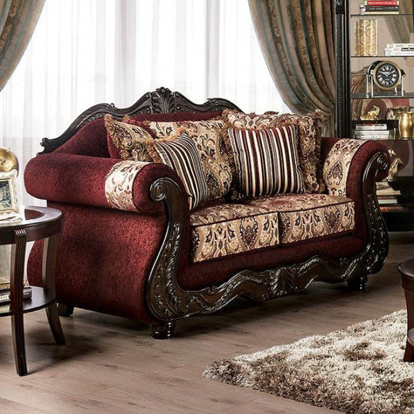 Matteo SM6433-LV Burgundy/Brown Traditional Love Seat By furniture of america - sofafair.com