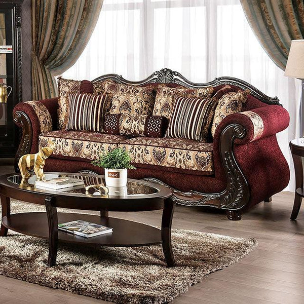 Matteo SM6433-SF Burgundy/Brown Traditional Sofa By Furniture Of America - sofafair.com