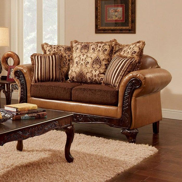 Isabella SM7506-LV Dark Brown/Camel/Dark Cherry Traditional Love Seat By furniture of america - sofafair.com